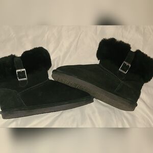 BearPaw Black Suede Ankle Booties with Fur Cuff and Buckle